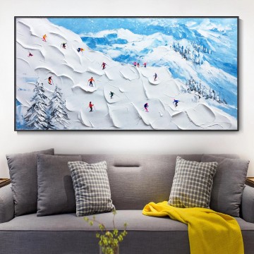 150の主題の芸術作品 Painting - 雪の山のスキーヤー ウォール アート スポーツ ホワイト スノー スキー ルーム デコレーション by Knife 21 テクスチャ